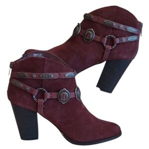 Reba Zabrina Maroon Decorative Metallic Strap Boot Block High Heel Back Zip 80s
